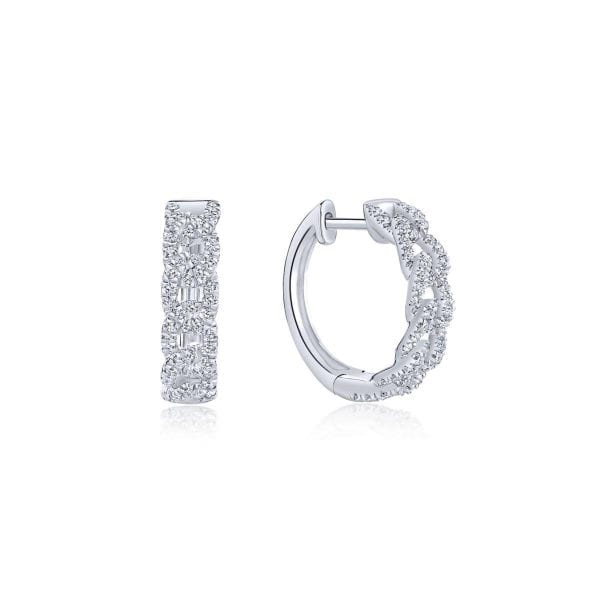 14K White Gold Twisted 15mm Diamond Huggie Earrings