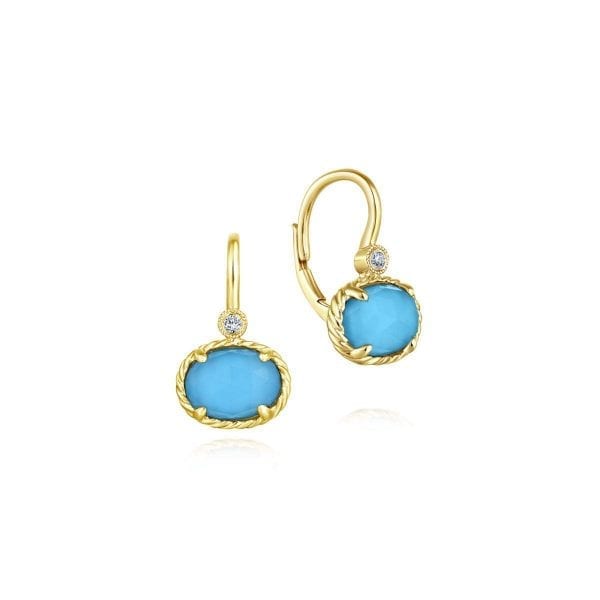 14k Yellow Gold Diamond Rock Crystal & Turquoise Oval Drop Earrings