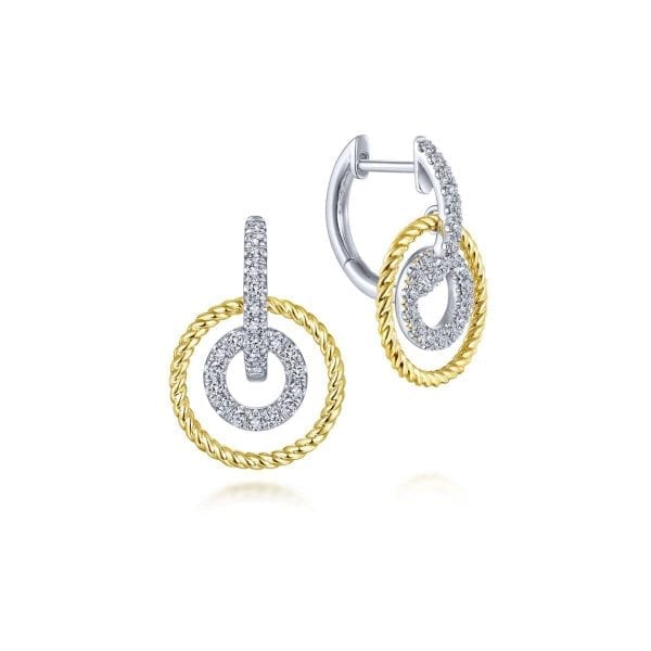 14K Yellow-White Gold Layered Loop 20mm Diamond Huggie Drop Earrings