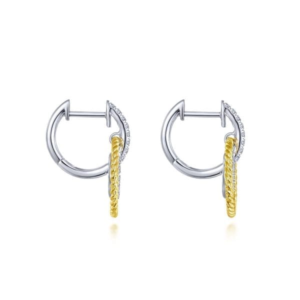 14K Yellow-White Gold Layered Loop 20mm Diamond Huggie Drop Earrings - Image 3