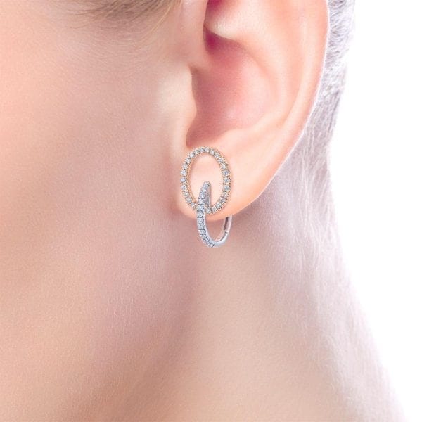 14K White-Rose Gold 20mm Diamond Huggie Drop Earrings - Image 2