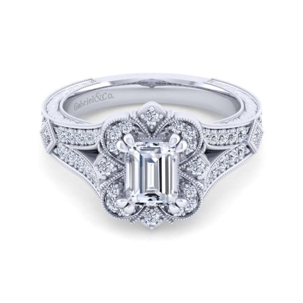 Vintage 14K White Gold Halo Emerald Cut Diamond Engagement Ring / Center Diamond Sol Seperate