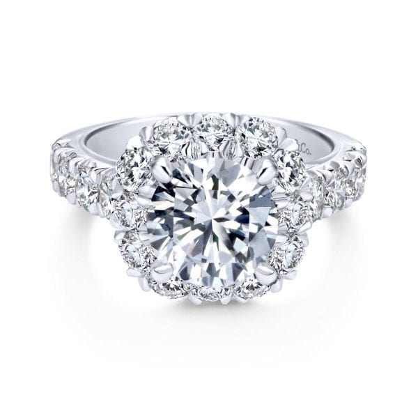 14K White Gold Cushion Halo Round Diamond Engagement Ring / Center Diamond Sold Seperate