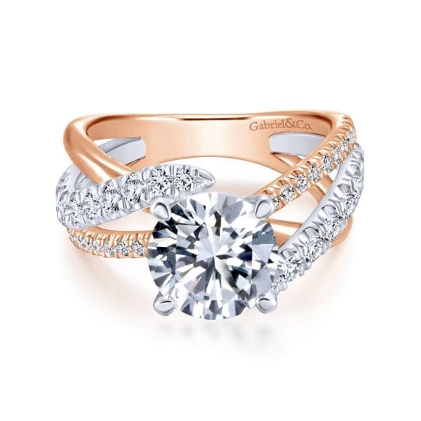 14K White-Rose Gold Round Free Form Diamond Engagement Ring