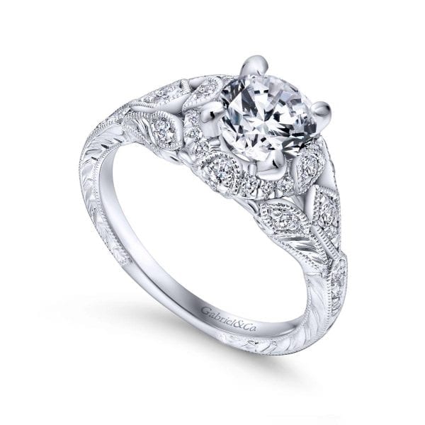 Unique 14K White Gold Vintage Halo Engagement Ring / Center Diamond Sold Seperate - Image 3