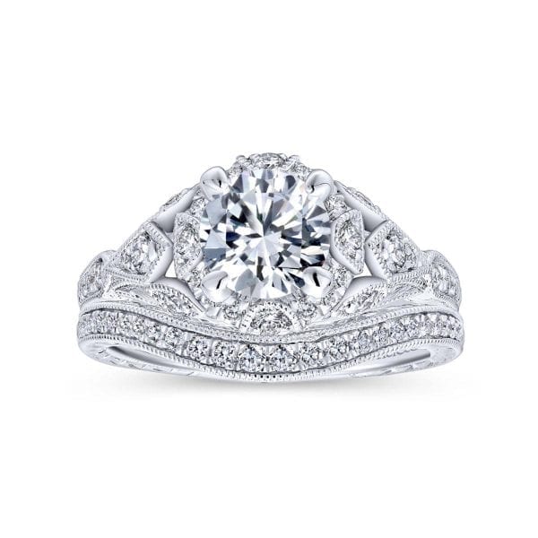 Unique 14K White Gold Vintage Halo Engagement Ring / Center Diamond Sold Seperate - Image 4