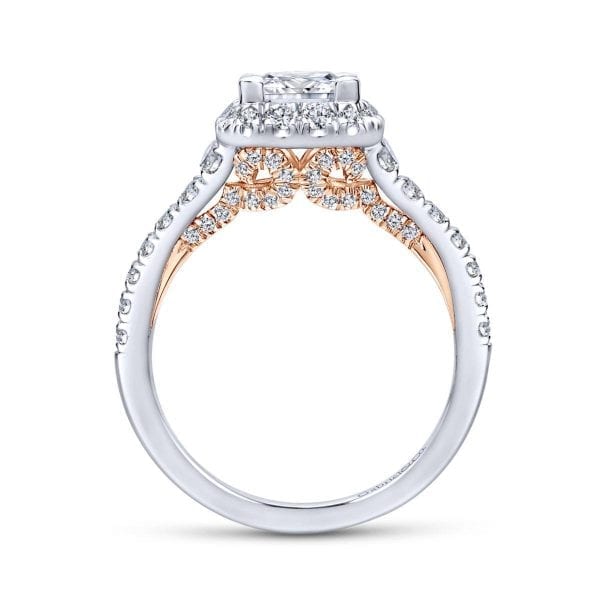 14K White-Rose Gold Princess Halo Diamond Engagement Ring / Center Diamond Sold Seperate - Image 2