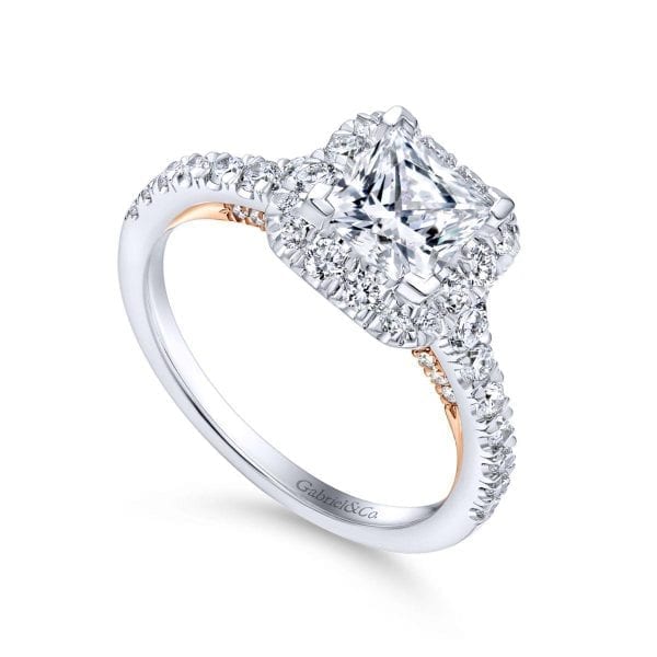 14K White-Rose Gold Princess Halo Diamond Engagement Ring / Center Diamond Sold Seperate - Image 3