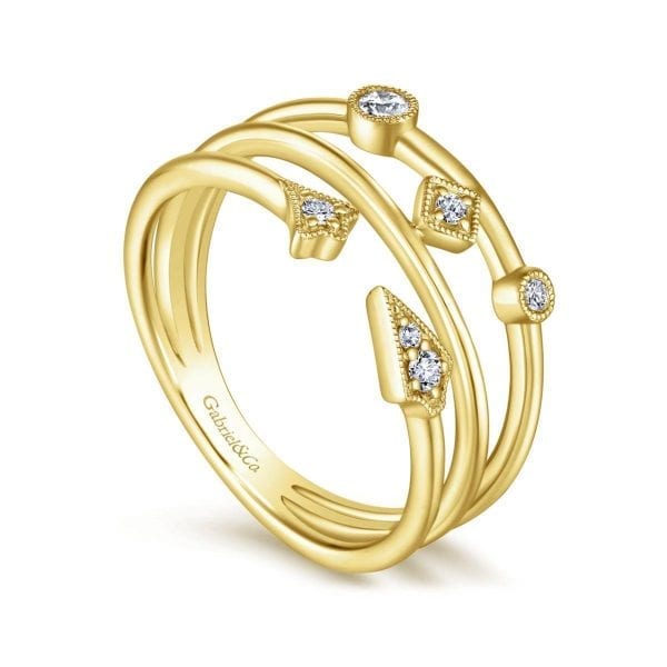 14K Yellow Gold Tri Band Diamond Station Ring - Image 3