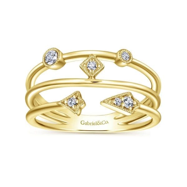 14K Yellow Gold Tri Band Diamond Station Ring - Image 4