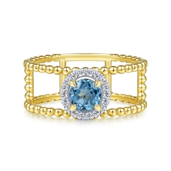 14k Yellow Gold Round Fashion Swiss Blue Topaz Ladies Ring