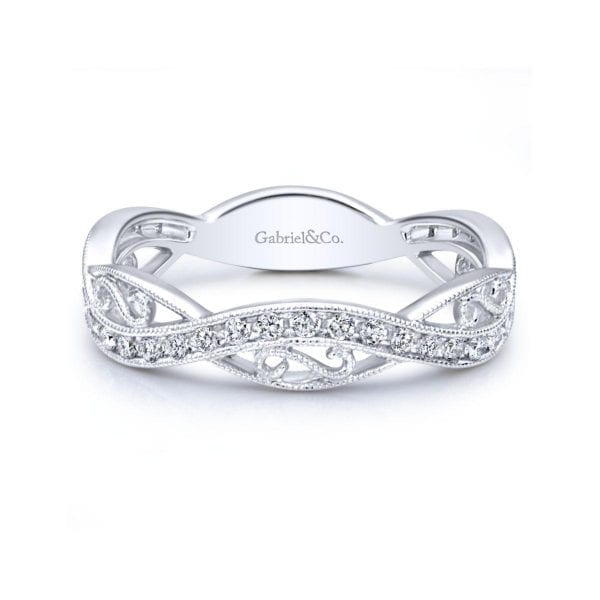 14K White Gold Twisted Filigree Diamond Stackable Ring