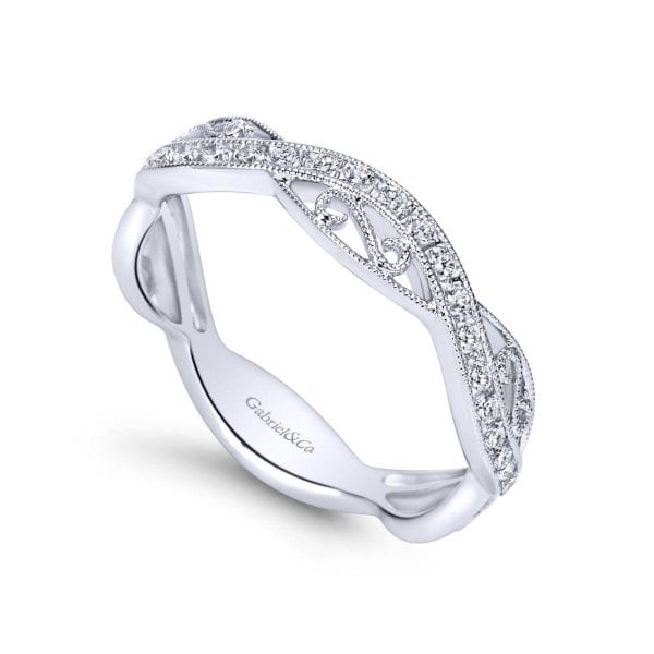 14K White Gold Twisted Filigree Diamond Stackable Ring - Image 3