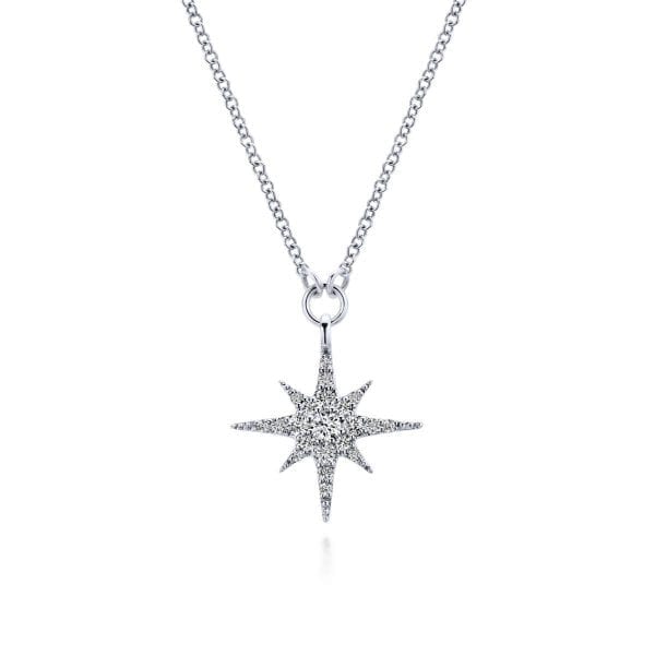 14K White Gold Diamond Starburst Pendant Necklace