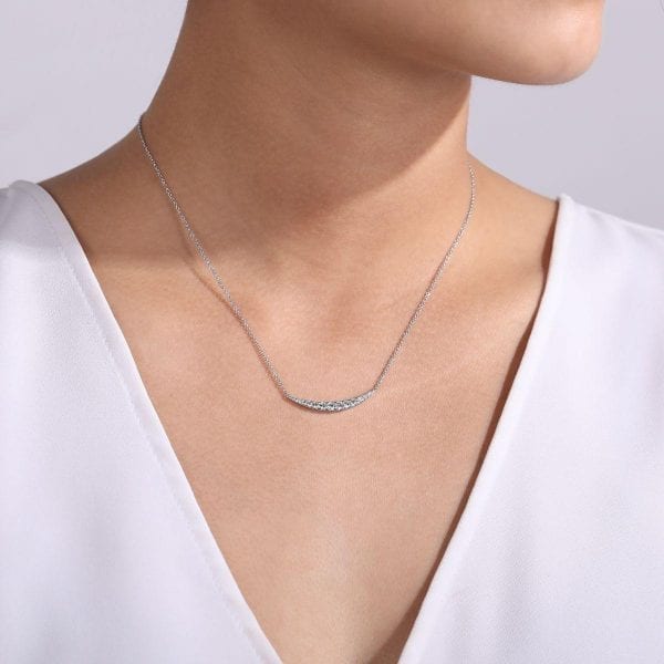 14k White Gold Curved Diamond Bar Necklace - Image 3