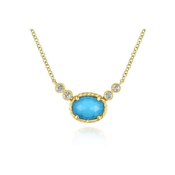 14K Yellow Gold Rock Crystal and Turquoise and Diamond Pendant Necklace