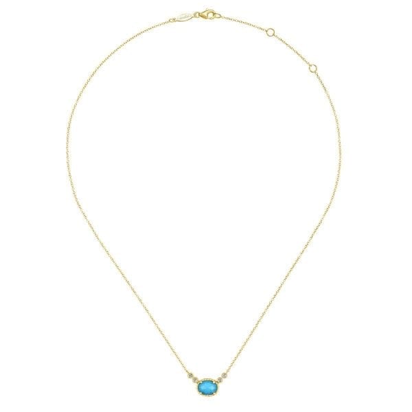 14K Yellow Gold Rock Crystal and Turquoise and Diamond Pendant Necklace - Image 2