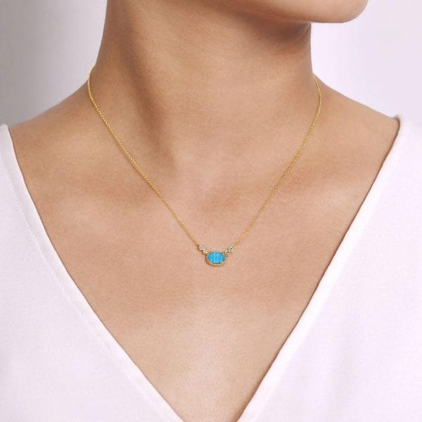 14K Yellow Gold Rock Crystal and Turquoise and Diamond Pendant Necklace - Image 3