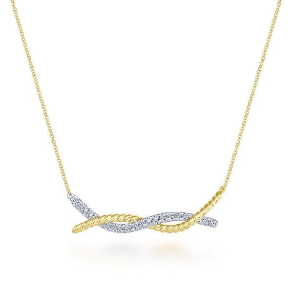 14K Yellow/White Gold Twisted Pavé Diamond Bar Necklace