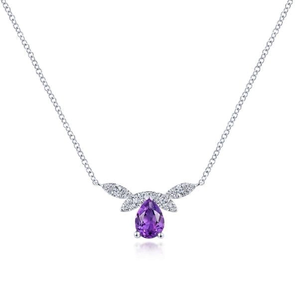 14K White Gold Pear Shape Amethyst and Diamond Bar Necklace