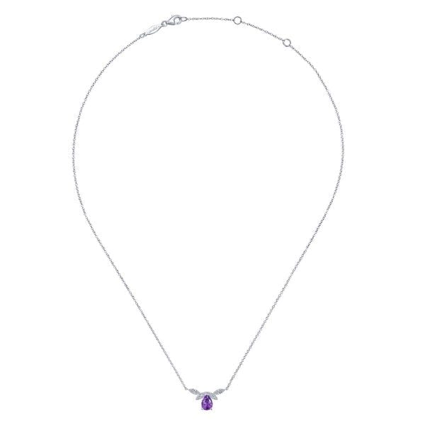 14K White Gold Pear Shape Amethyst and Diamond Bar Necklace - Image 2