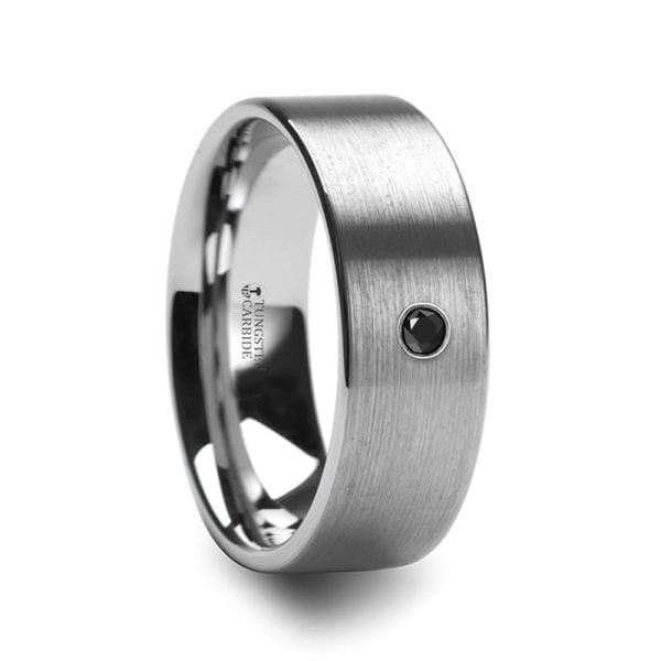 IRENAEUS Flat Brushed Tungsten Men's Wedding Ring with Black Diamond