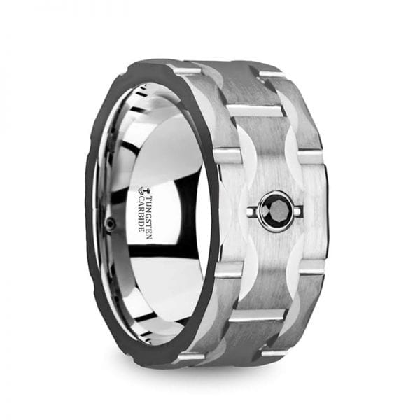 SAINT Brushed Tungsten Wedding Band with Grooves & Black Diamond