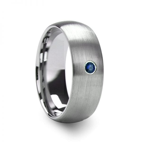 MELANTHIOS Men's Domed Brushed Tungsten Wedding Ring with Blue Diamond Center