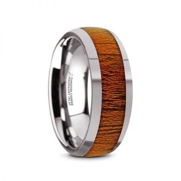 SWIETENIA Tungsten Carbide Mahogany Wood Inlay Men's Domed Wedding Ring with Polished Finish