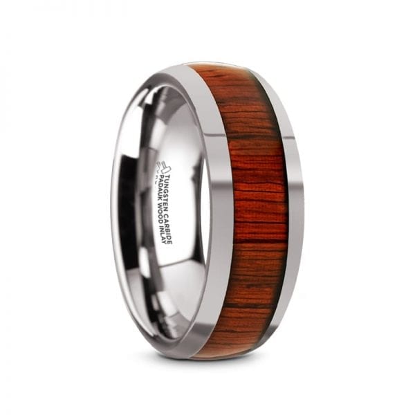 MUKWA Tungsten Carbide Polished Finish Men's Domed Wedding Band with Padauk Wood Inlay