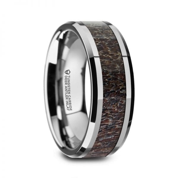 FAWN Beveled Tungsten Carbide Polished Men's Wedding Band with Dark Antler Inlay