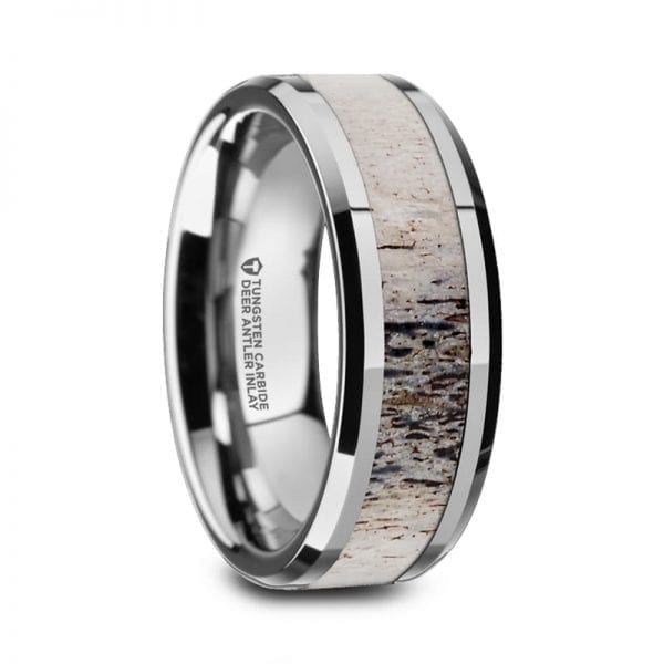 BUCK Polished Beveled Tungsten Carbide Men's Wedding Band with Ombre Deer Antler Inlay