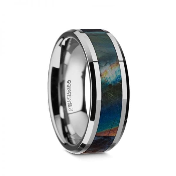 LABRADORESCENCE Beveled Tungsten Carbide Wedding Ring with Spectrolite Inlay Polished Finish