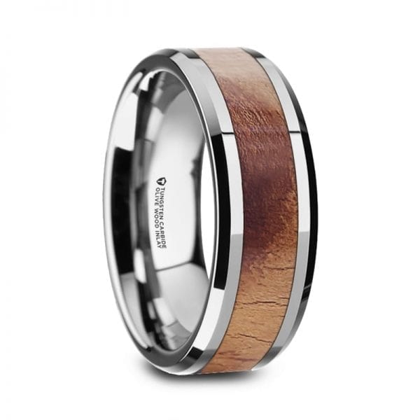 OLLIVANDER Olive Wood Inlaid Tungsten Carbide Ring with Bevels