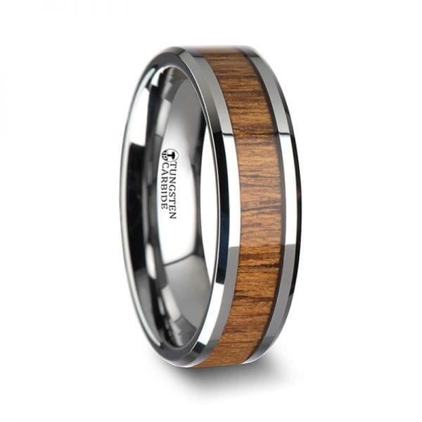 TEKKU Wood Tungsten Ring with Polished Bevels and Teak Wood Inlay