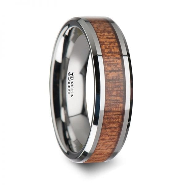 CONGO Tungsten Wedding Band with Polished Bevels and African Sapele Wood Inlay