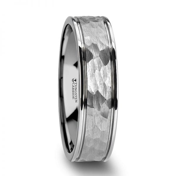 THORNTON Hammered Finish Center White Tungsten Carbide Wedding Band with Dual Offset Grooves