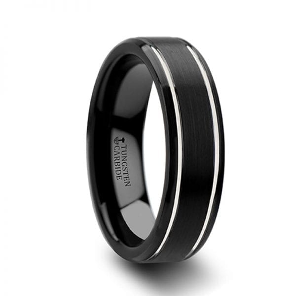 NOCTURNE Beveled Black Tungsten Carbide Band with Brushed Finish and Polished Grooves