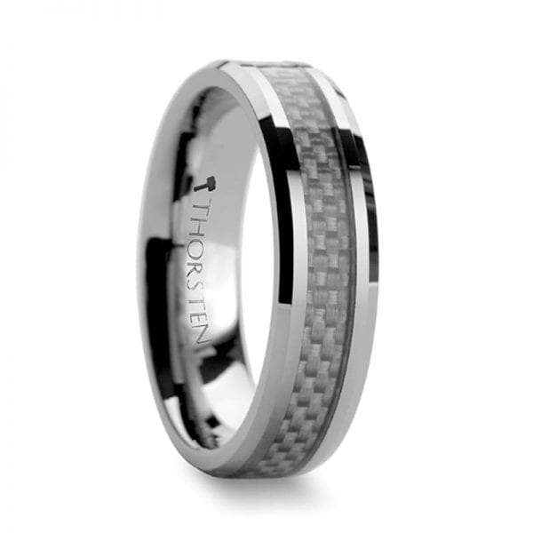 ULTIMUS Beveled Tungsten Carbide Ring with White Carbon Fiber Inlay