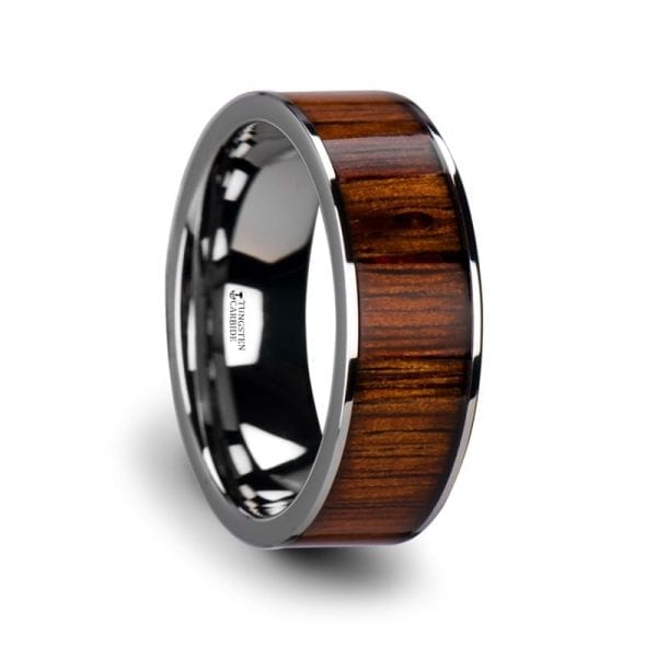 KALANI Flat Tungsten Carbide Wedding Band with Rare Koa Wood Inlay and Polished Edges