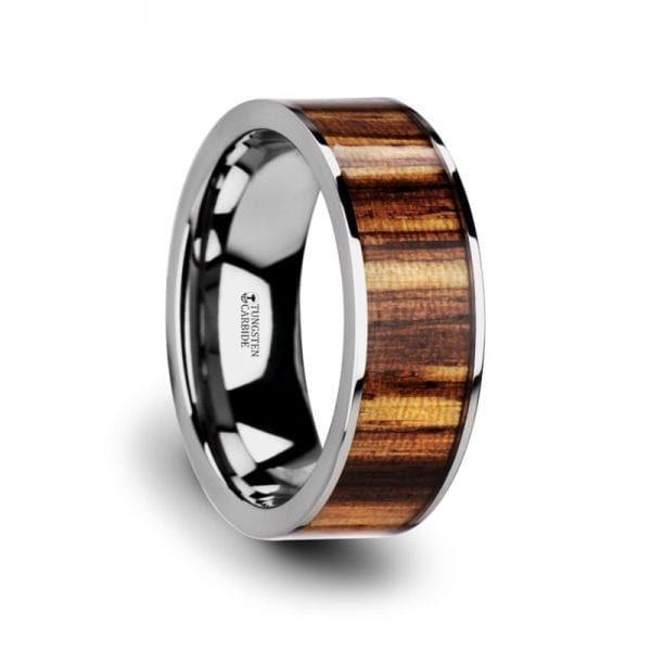 COPAN Flat Tungsten Carbide Ring with Polished Edges & Real Zebra Wood Inlay