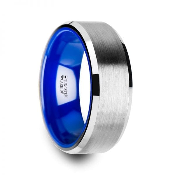 SIRIUS Tungsten Comfort Fit Wedding Band with Brush Center Bright Bevels and Deep Blue inside color