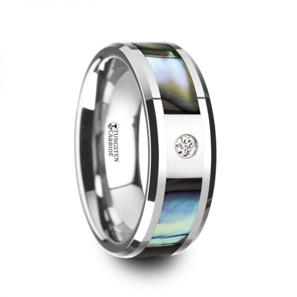 HONOLULU Mother of Pearl Inlay Tungsten Carbide Ring with Beveled Edges and White Diamond