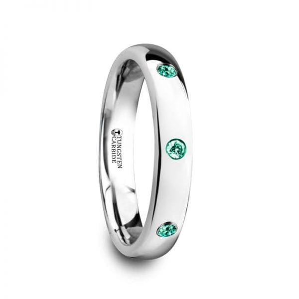 CHLOE Polished and Domed Tungsten Carbide Wedding Ring with 3 Green Emeralds Setting