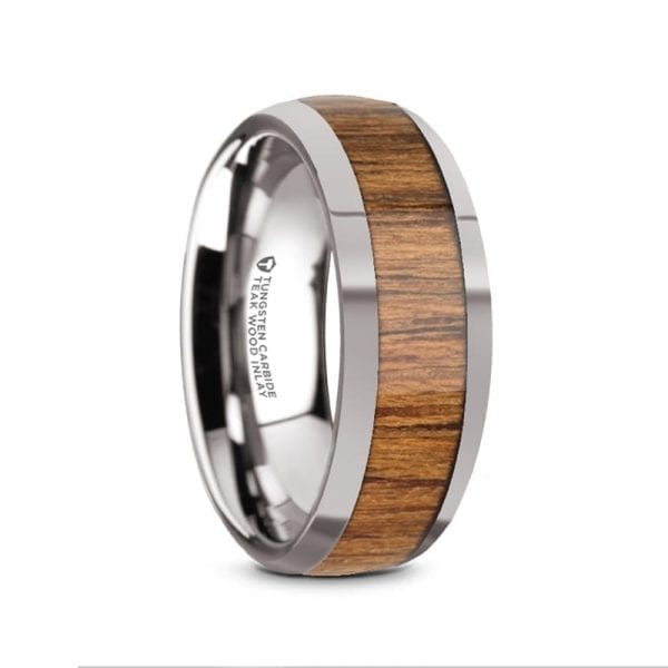 THEKKA Domed Tungsten Carbide Polished Edges Teak Wood Inlaid Men's Wedding Ring's