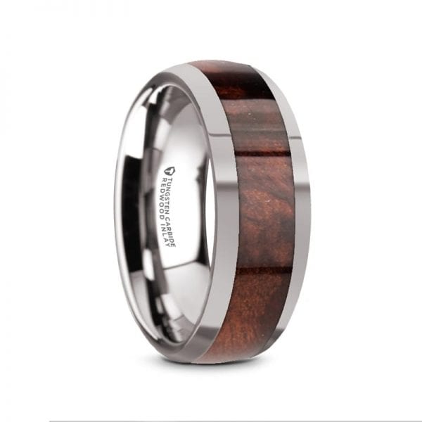 GROVE Men's Tungsten Polished Edges Domed Wedding Ring with Redwood Inlay