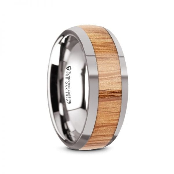 CINDER Polished Edges Domed Tungsten Men's Wedding Band with Red Oak Wood Inlay