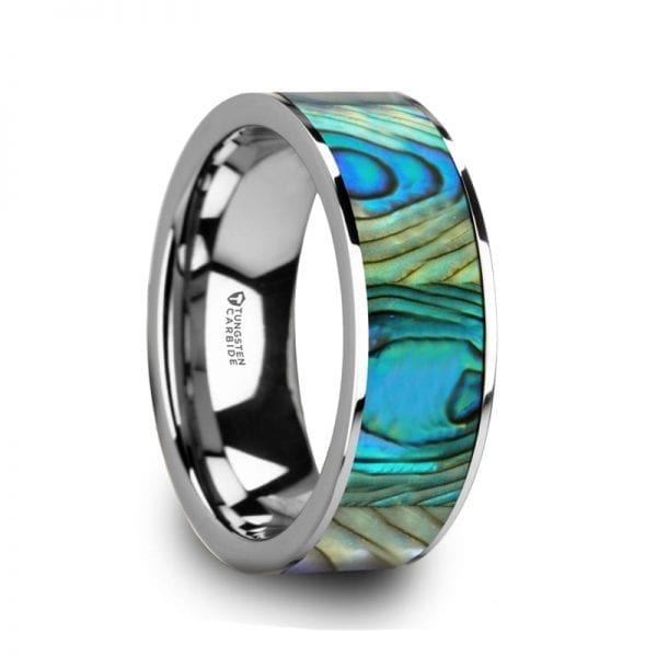 LAURANT Tungsten Men's Flat Wedding Band with Mother Of Pearl Inlay & Polished Finish