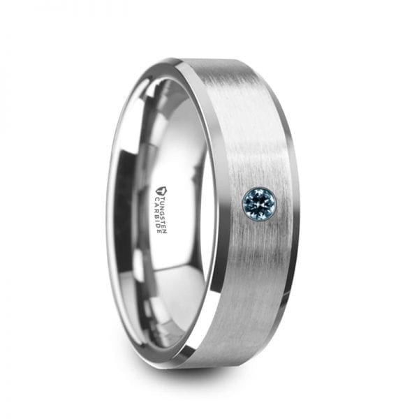 MOORE Flat Brushed Center Polished Beveled Edges Men's Tungsten Wedding Band with Blue Diamond Setting