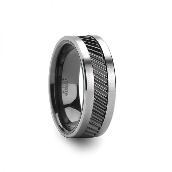 HELIX Gear Teeth Pattern Black Ceramic and Tungsten Carbide Ring